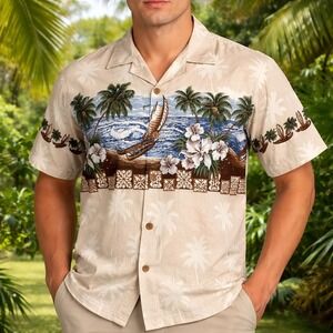 Favant Hawaiian Aloha‎ Shirt Medium Palms Outrigger Boats Beach Flowers Tan